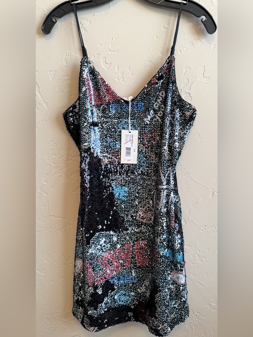 Ramy Brook Black Sequin Slip Dress with Multicolor Graphic Accents